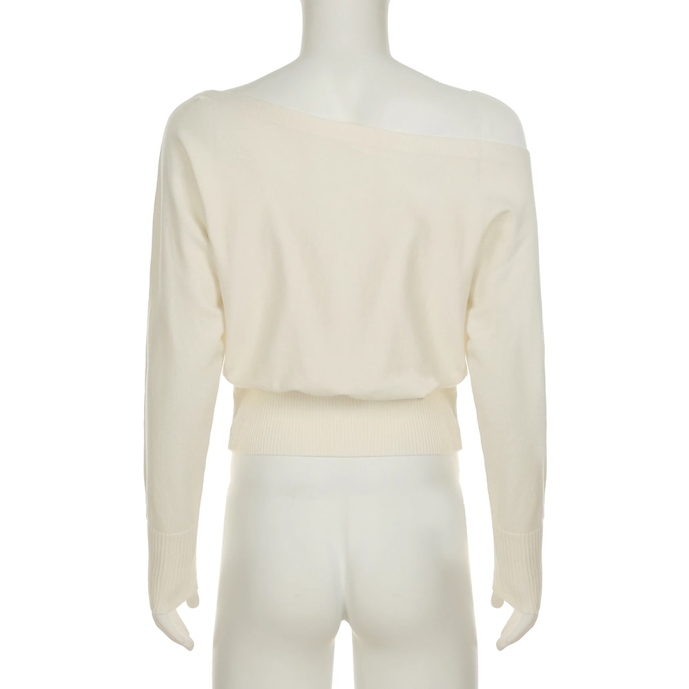 Casual Lady Long Sleeve Knitted Pullovers with Shoulder Sweater Slash Neck for Women Autumn Winter Fashion