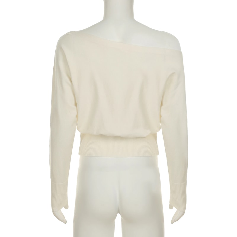 Casual Lady Long Sleeve Knitted Pullovers with Shoulder Sweater Slash Neck for Women Autumn Winter Fashion