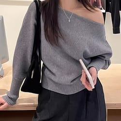 korean fashion sweater, thick off shoulder top, loose casual autumn outwear pull