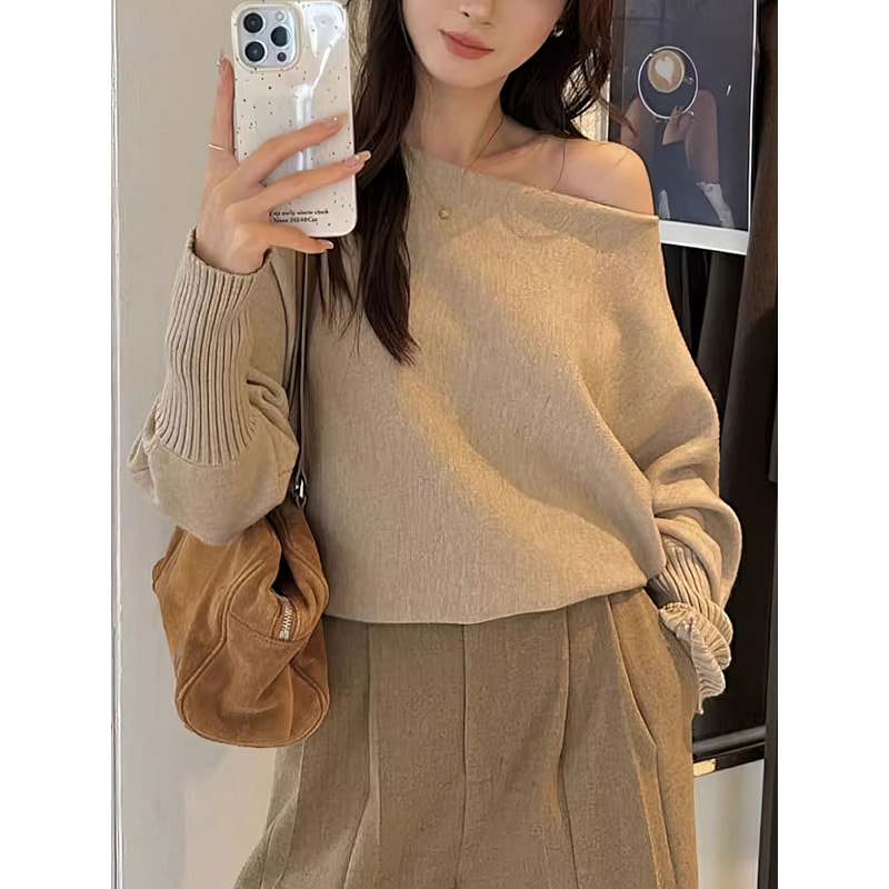 Korean Fashion Sweater, Thick Off Shoulder Top, Loose Casual Autumn Outwear Pull