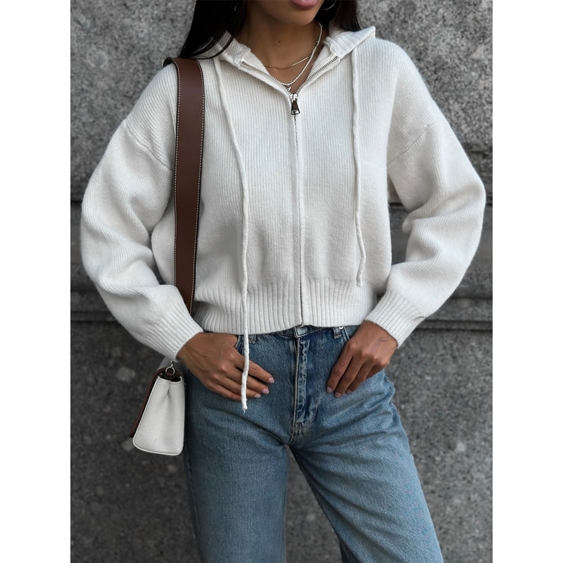 Gray Knitted Womens Short Cardigan With Zipper Winter Sweater Cute Vintage White Cardigan With Hood 9