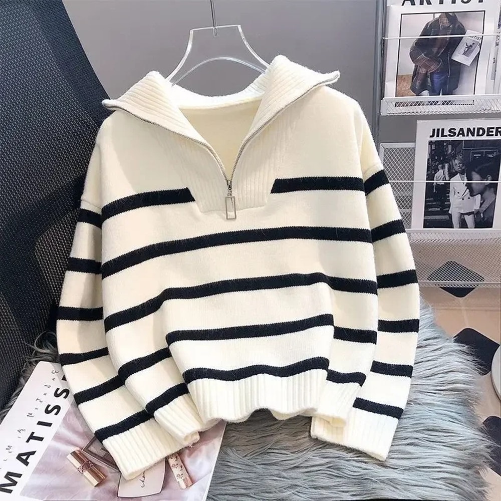 Premium Women Spring and Autumn Underwear, New Zipper Stripe Underlay, Short Style Sweater for Female