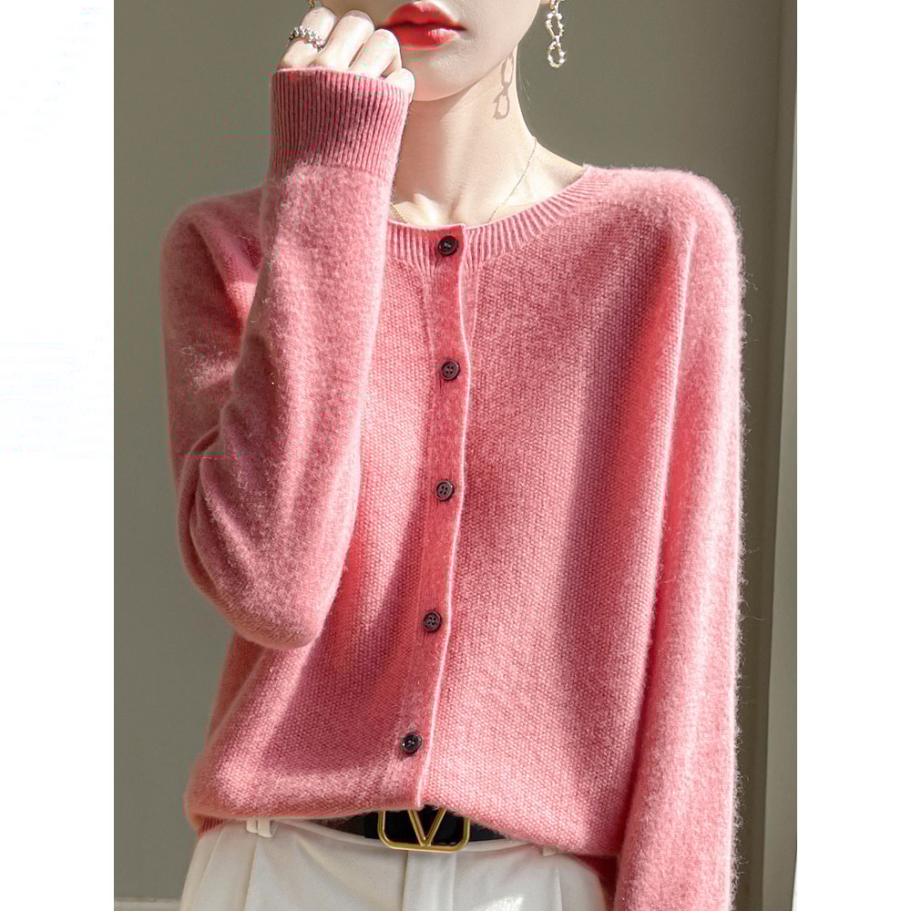 Korean Style Wool Cardigan, Soft O-Neck Cashmere Sweater, OL Buttoned Knitwear, Casual Top Clothing
