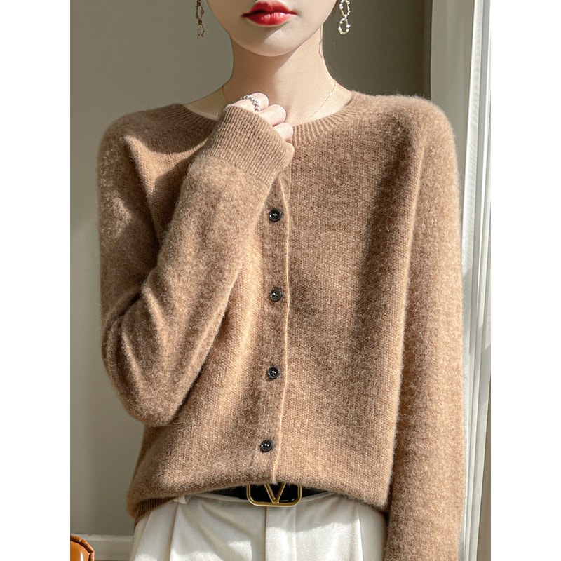 Korean Style Wool Cardigan, Soft O-Neck Cashmere Sweater, OL Buttoned Knitwear, Casual Top Clothing
