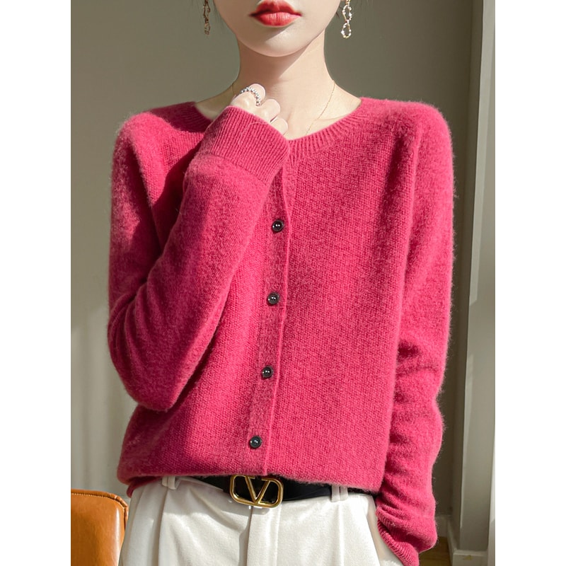 Korean Style Wool Cardigan, Soft O-Neck Cashmere Sweater, OL Buttoned Knitwear, Casual Top Clothing