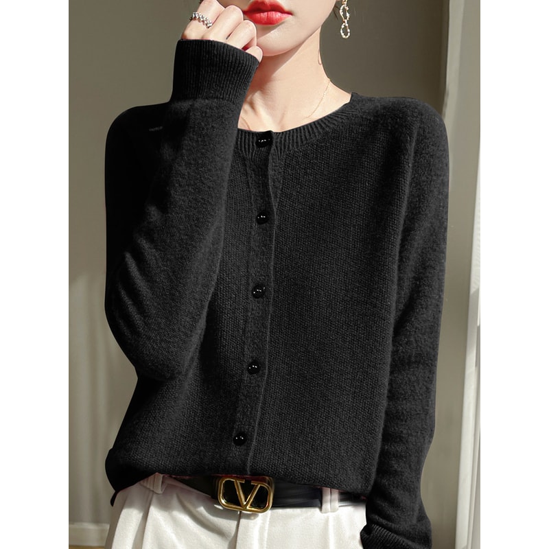 Korean Style Wool Cardigan, Soft O-Neck Cashmere Sweater, OL Buttoned Knitwear, Casual Top Clothing