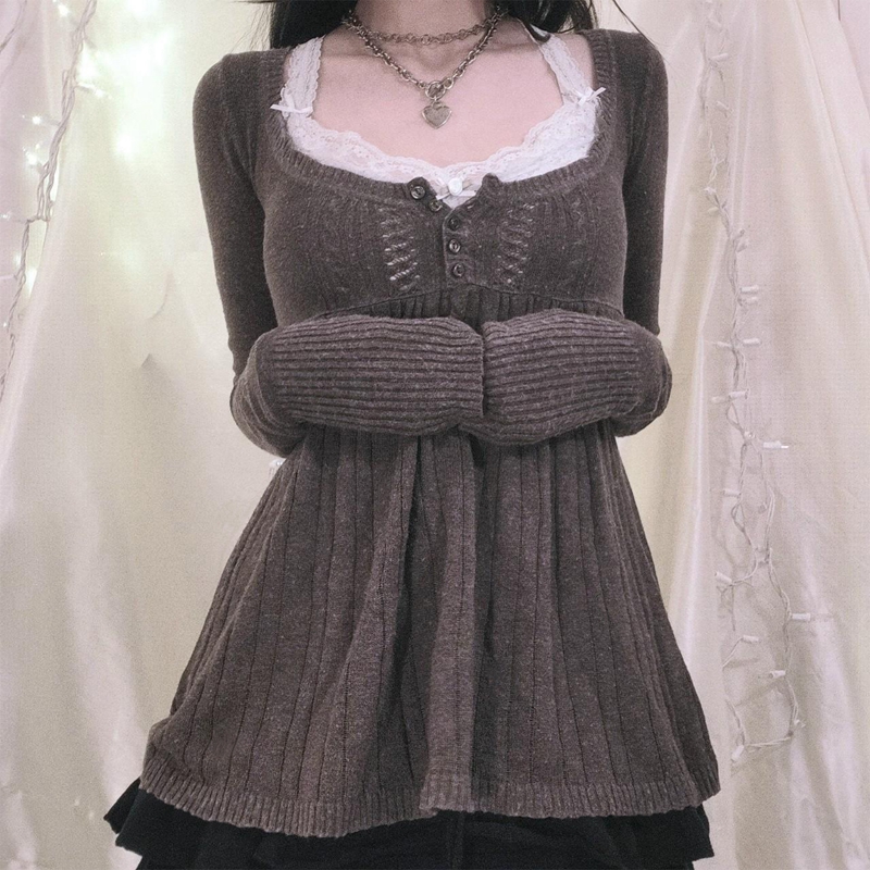 Aesthetic Grunge Babydoll Knitted Sweater, Cottage Milkmaid Pullovers, Knitwear T-shirts for Women