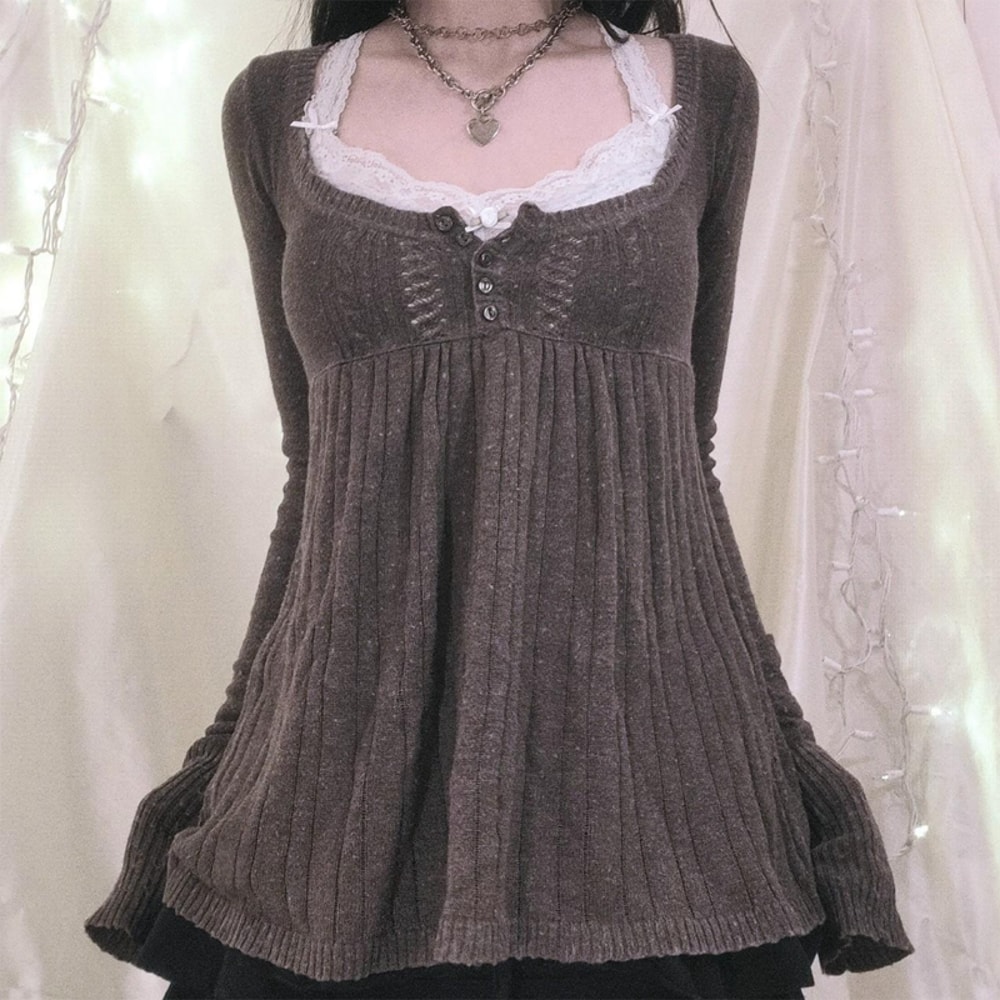 Aesthetic Grunge Babydoll Knitted Sweater, Cottage Milkmaid Pullovers, Knitwear T-shirts for Women