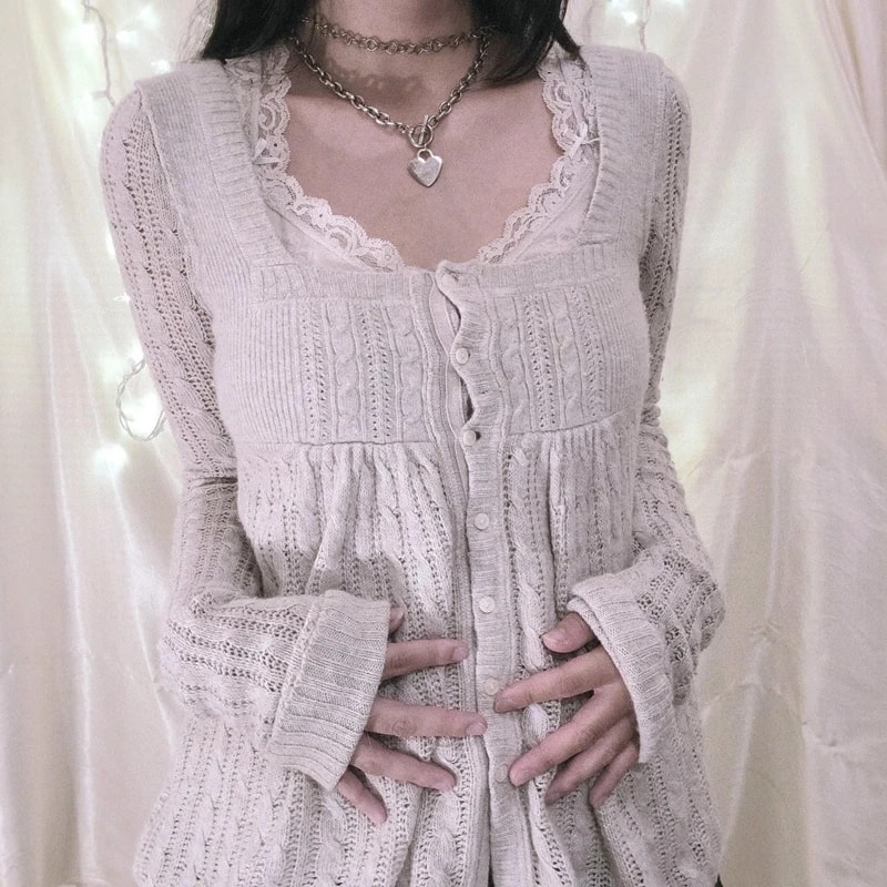 Aesthetic Grunge Babydoll Knitted Sweater, Cottage Milkmaid Pullovers, Knitwear T-shirts for Women