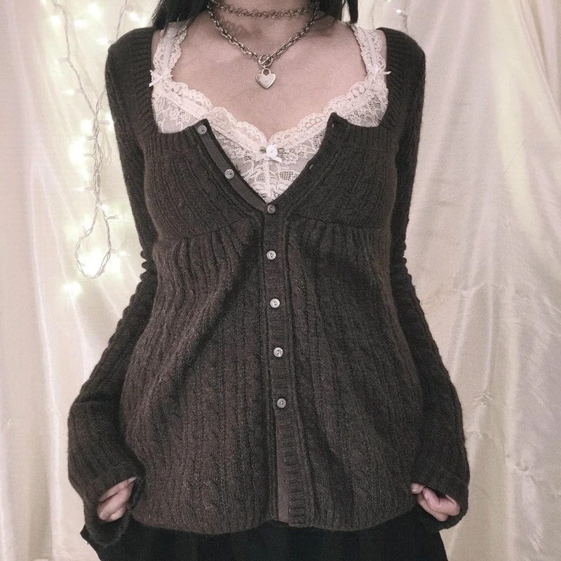 Aesthetic Grunge Babydoll Knitted Sweater, Cottage Milkmaid Pullovers, Knitwear T-shirts for Women