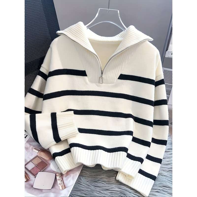 Thickened Zipper Striped Undershirt Short Pullover, Autumn and Winter New Fashion Woman Sweater Top Women's Clothing