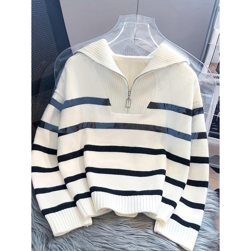 Thickened Zipper Striped Undershirt Short Pullover, Autumn and Winter New Fashion Woman Sweater Top Women's Clothing