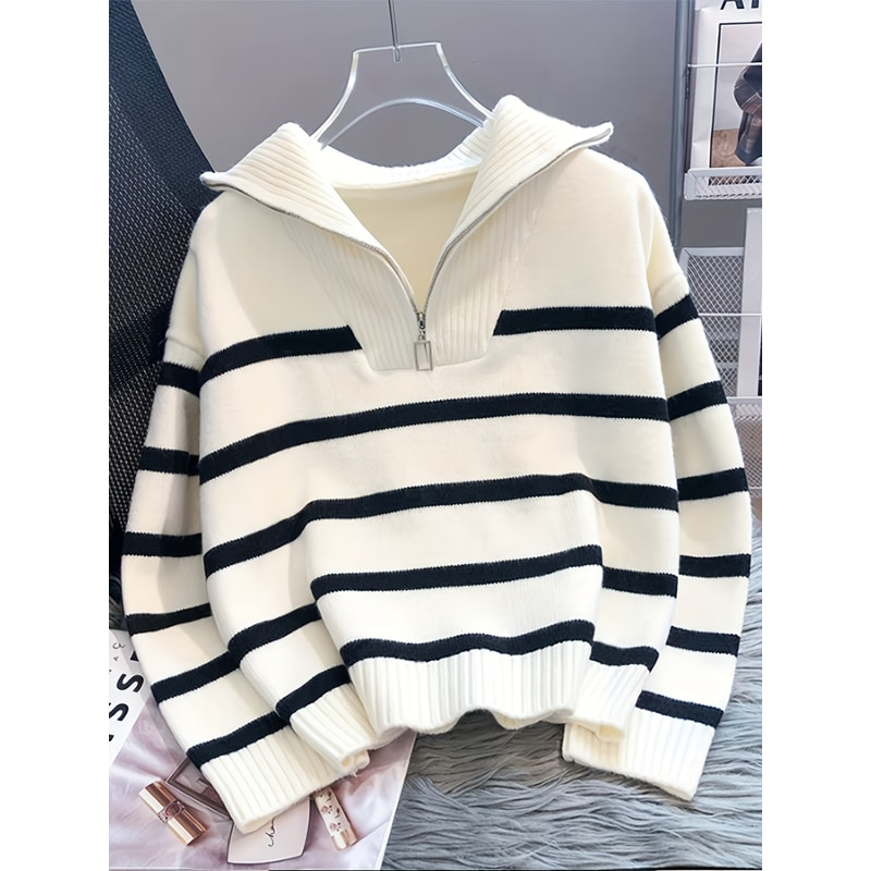 Thickened Zipper Striped Undershirt Short Pullover, Autumn and Winter New Fashion Woman Sweater Top Women's Clothing