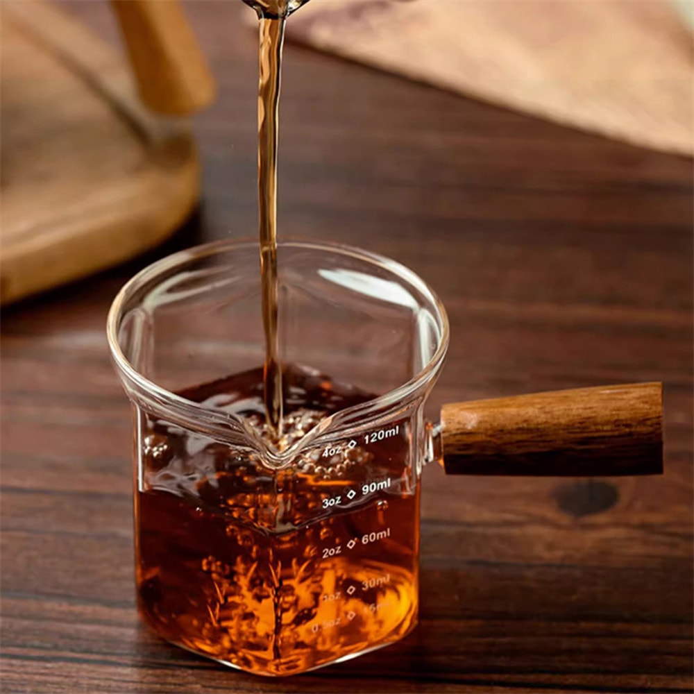 Glass Coffee Cup With Scale, Wooden Handle Single Mouth Latte Milk Jug Extraction Cups Ounce Measuring Cup