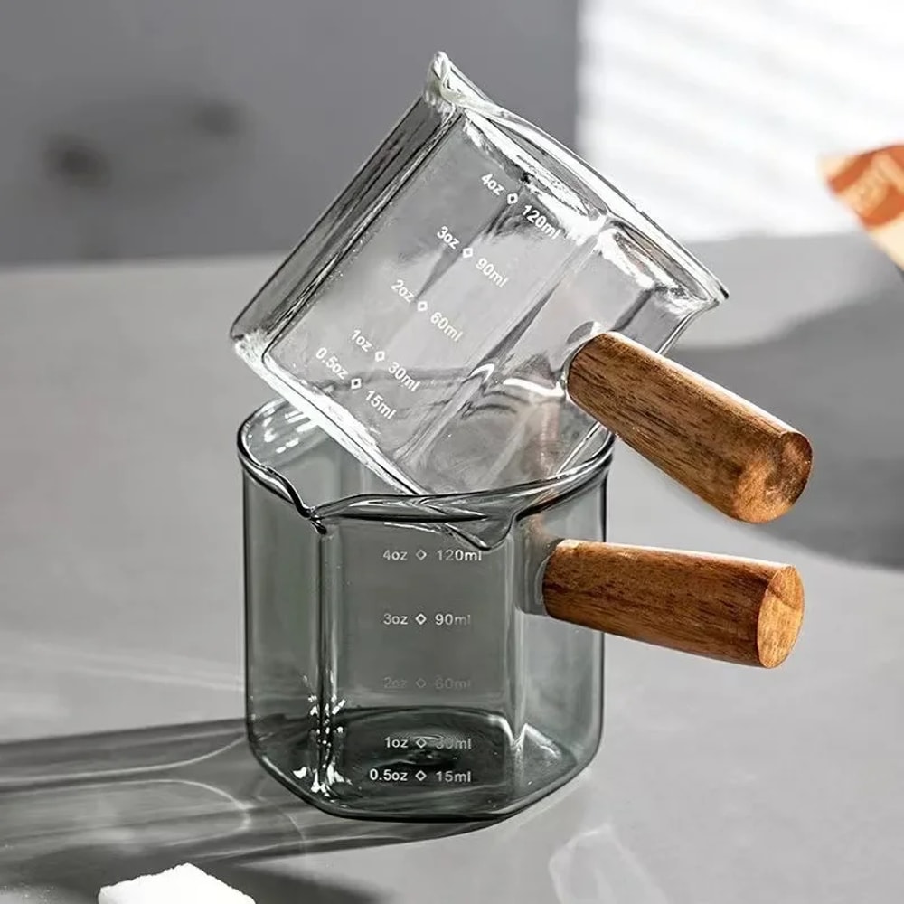 Glass Coffee Cup With Scale, Wooden Handle Single Mouth Latte Milk Jug Extraction Cups Ounce Measuring Cup