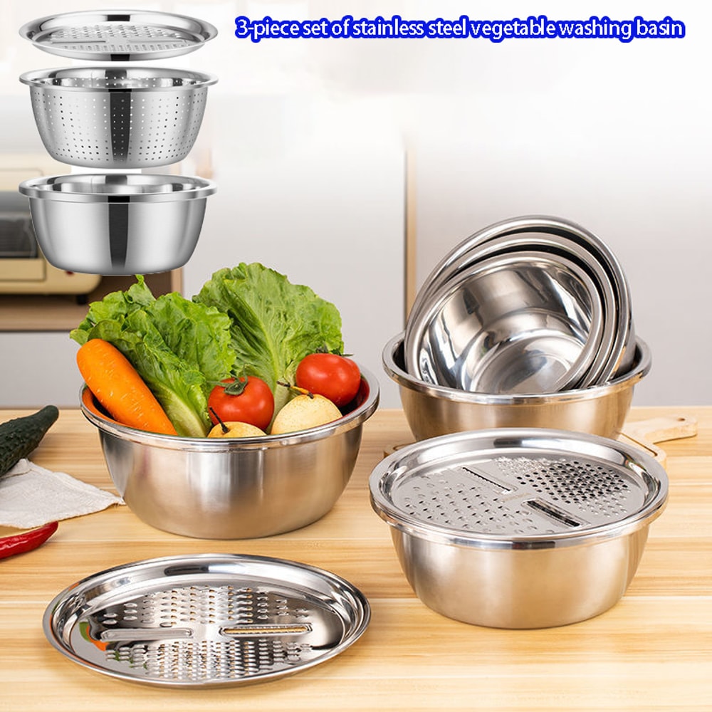 Mixing Bowl and Stainless Steel Multifunctional Strainer for Washing and Slicing Fruits, Vegetables