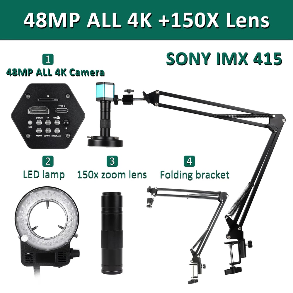 Phone PCB Soldering Microscope Camera, LED Light Lens, Foldable Bracket for Precise Viewing