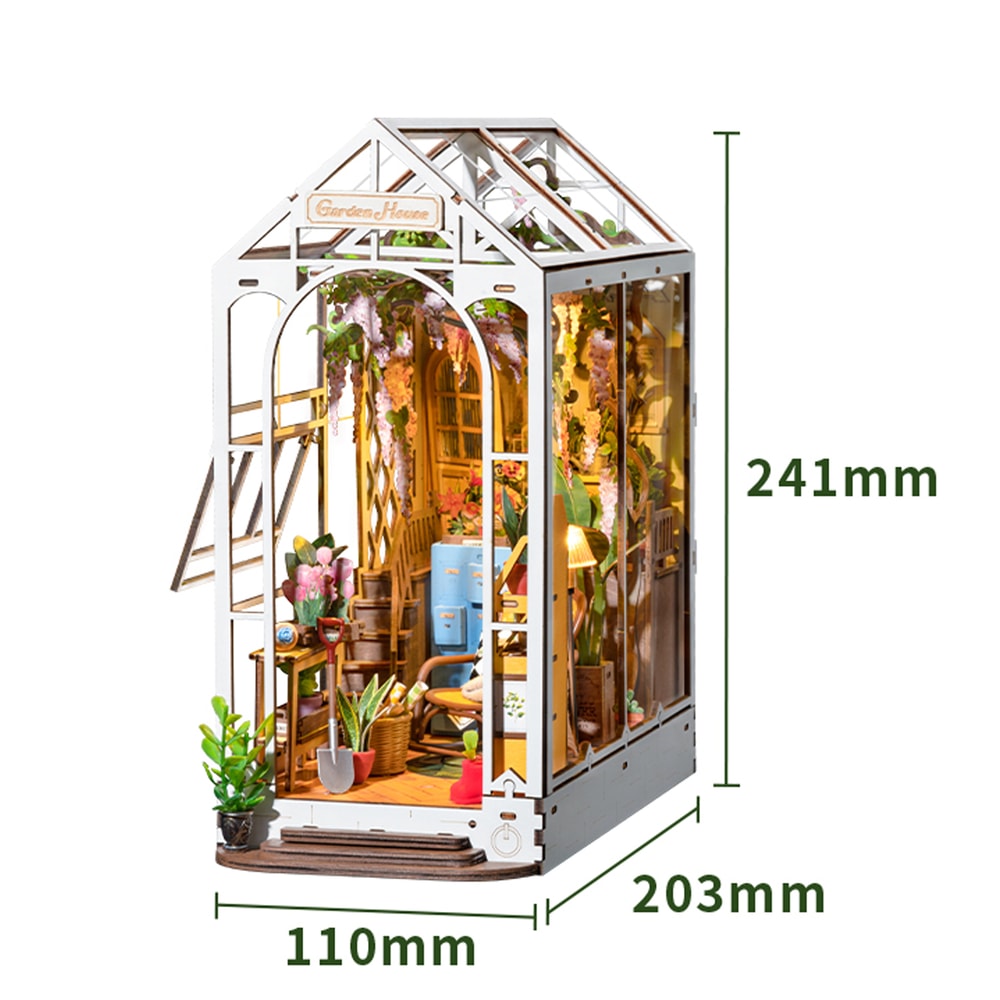 Bookend Model Kit Gardenhouse DIY Wooden Puzzle With LED Light For Shelf Decor 5
