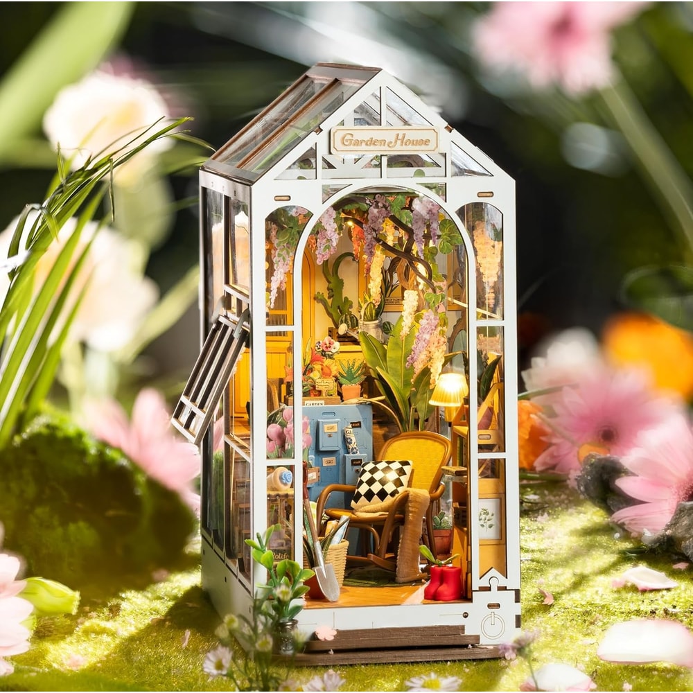 Bookend Model Kit Gardenhouse DIY Wooden Puzzle With LED Light For Shelf Decor 4