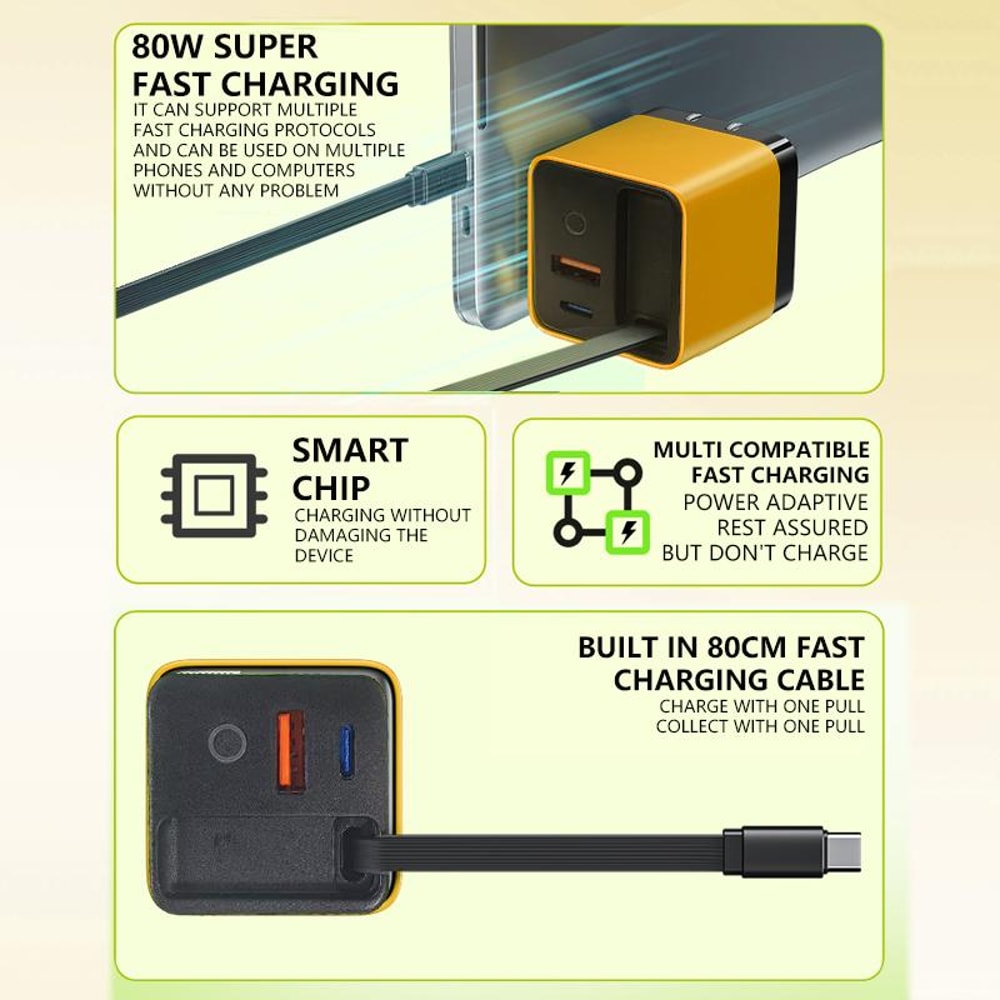 Fast Charging Head With Builtin TypeC Cable IPhone Samsung Charger With Light Compact Power Adapter 5