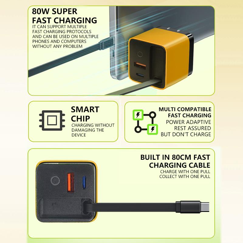 Fast Charging Head With Builtin TypeC Cable IPhone Samsung Charger With Light Compact Power Adapter 5