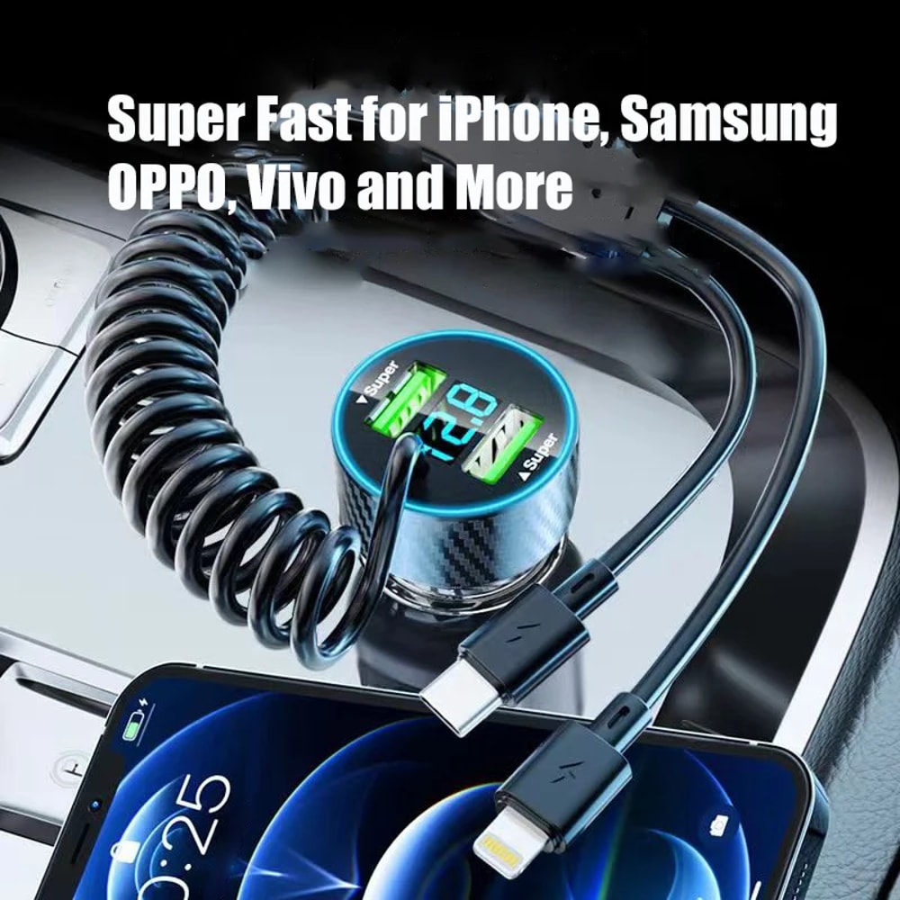 Super Fast Charge Adapter With Retractable Cable LED Voltage Monitor For IPhone Samsung Huawei 1