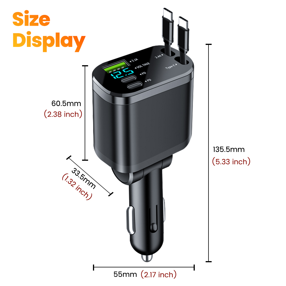 Car Charger For IPhone Samsung Xiaomi Adapter Fast Charging Type C To Lightning Retractable Cord 4