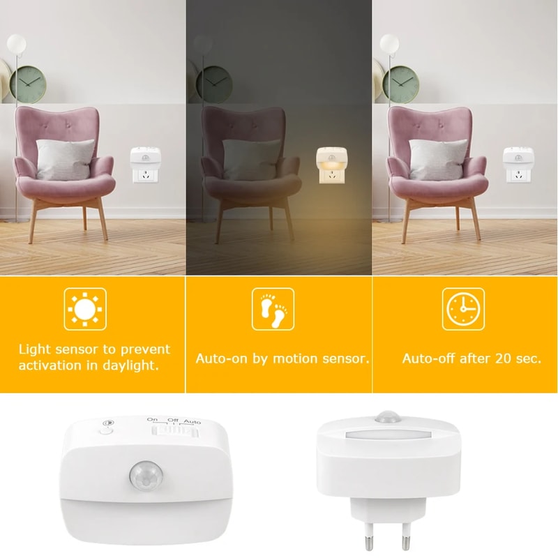 PIR Motion Sensor Socket, Color Changing Lamp Plug-In for Bedroom, Hallway, Human Induction Light