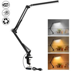 eye-caring dimmable desk light, led desk lamp with clamp swing arm, brightness levels, usb charging modes