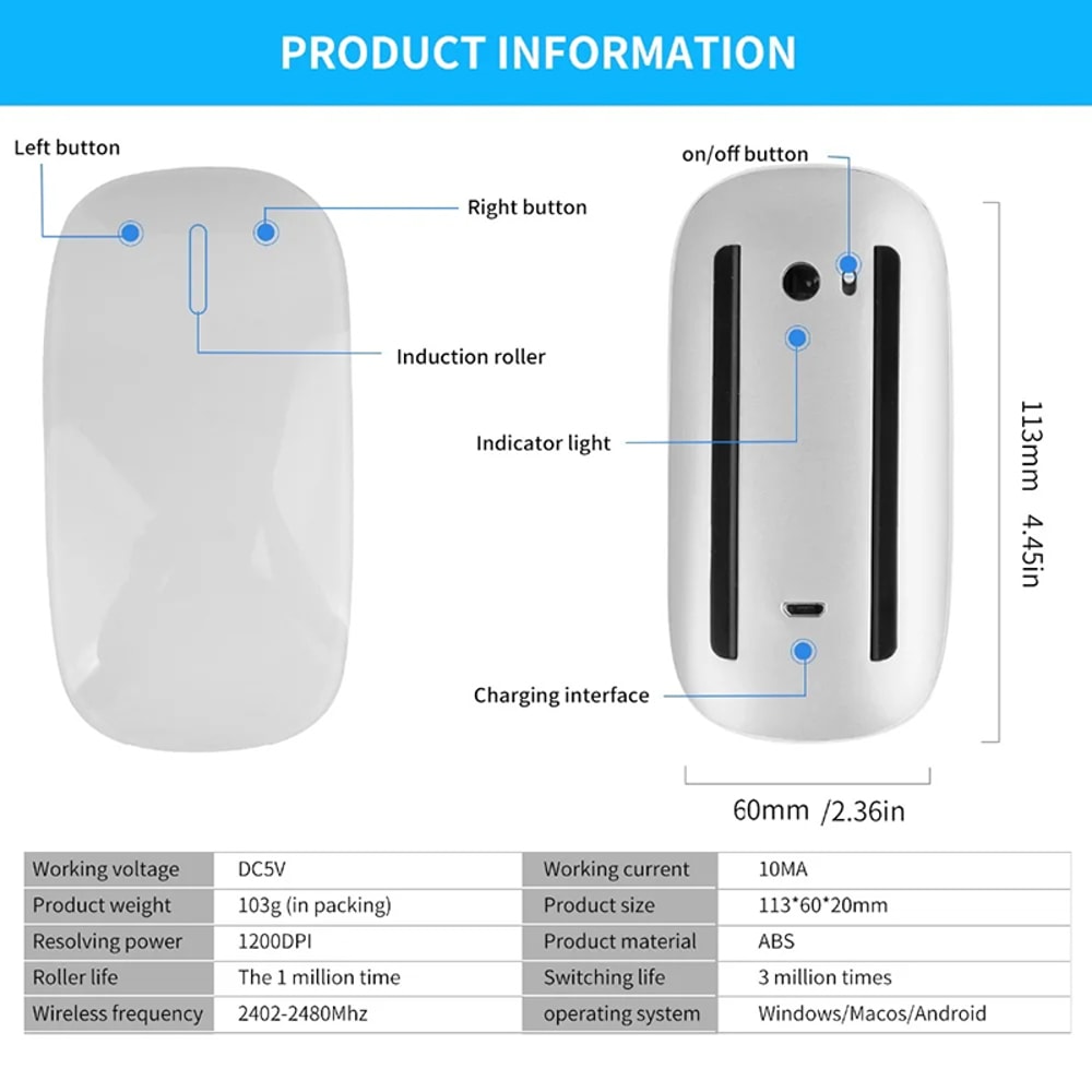 Ergonomic DualMode Silent PC Mice Rechargeable Touch Slim Computer Mouse For Apple Macbook Air 5
