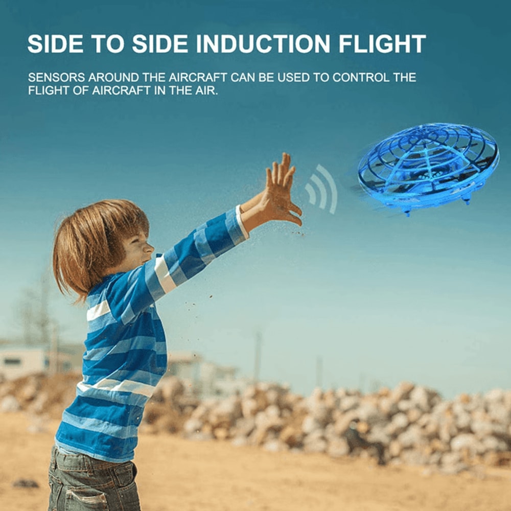 Closeup of the UFO drone toy in flight with glowing LED lights