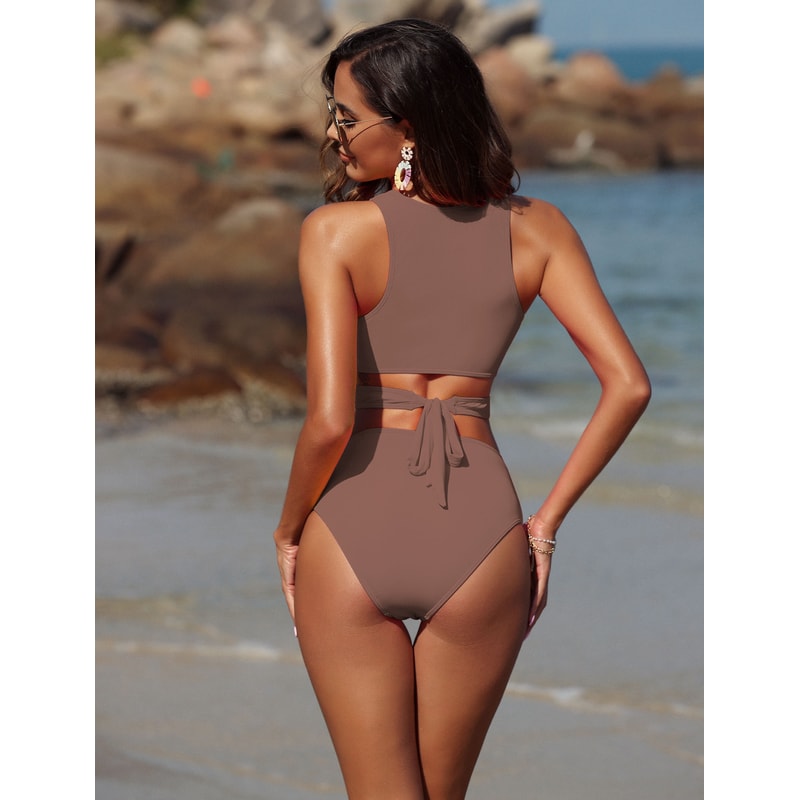 Two Piece Swimsuit, High Waisted Bikini Set, Scoop Neck Tank Cutout Midkini