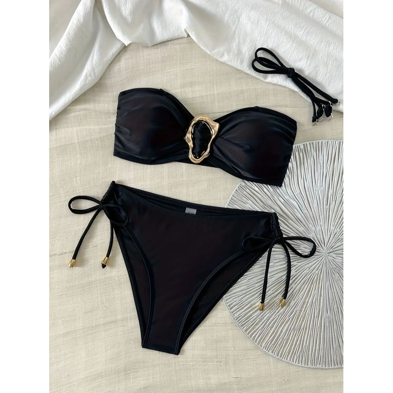 Fashion Bikini Set, Solid Color with Side Tie and Metal Accessorie