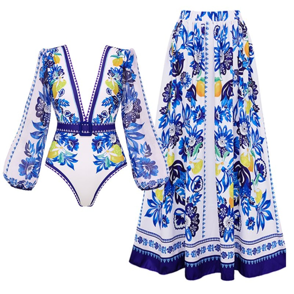 Long Sleeve Beach Wear Printed One Piece Swimsuit Set Bodysuit Wholesale 1