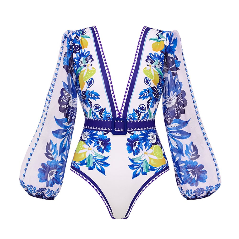 Long Sleeve Beach Wear Printed One Piece Swimsuit Set Bodysuit Wholesale 5