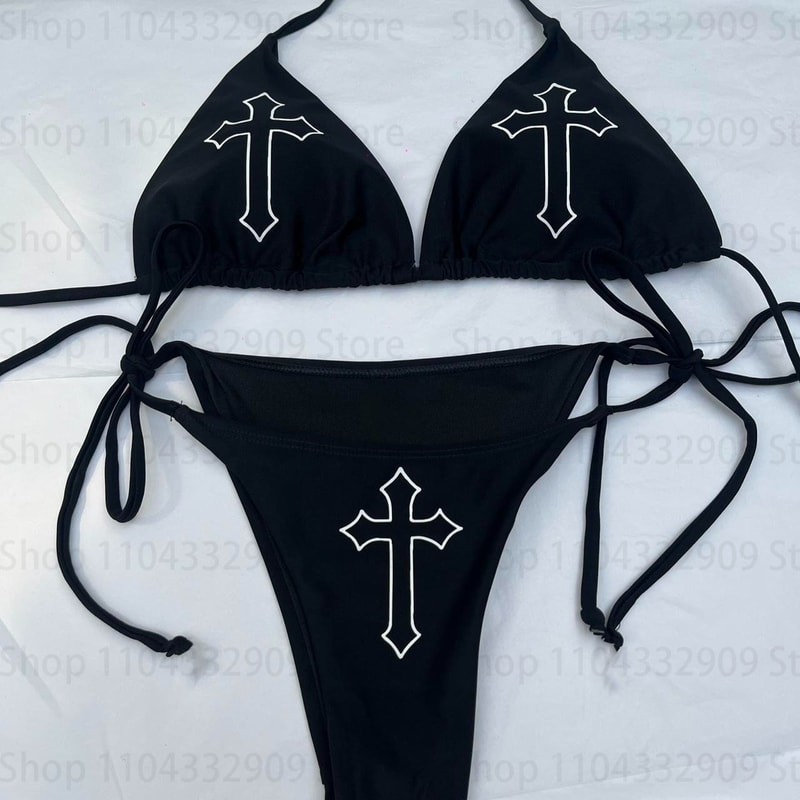 Punk Print Gothic Bathing Suit for Women, Star Design Thong Bikini Set