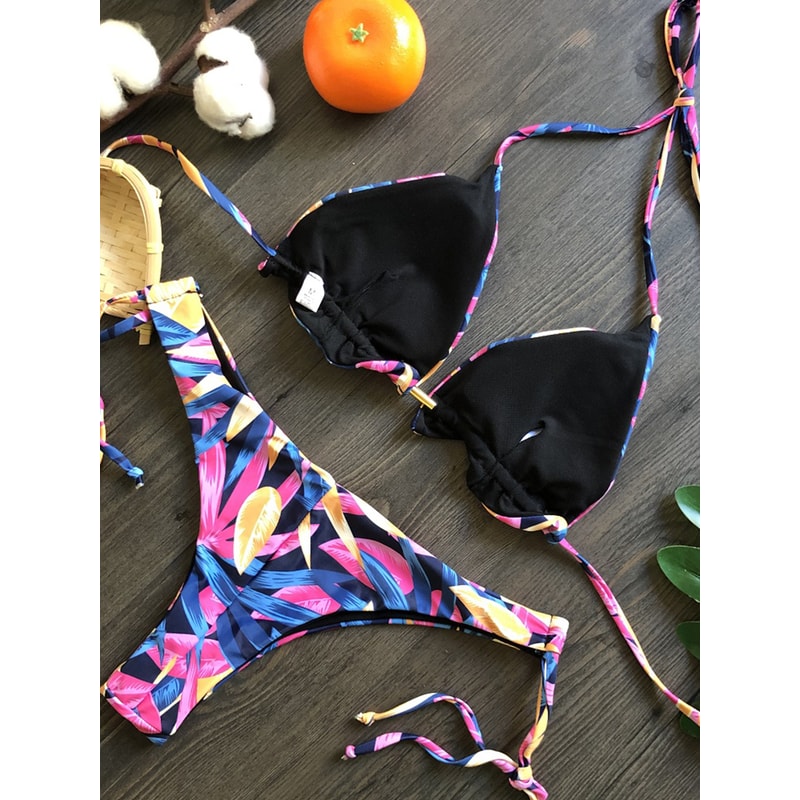 Brazilian Biquinis New Swimsuit Women Feather Print Bandage Swimwear