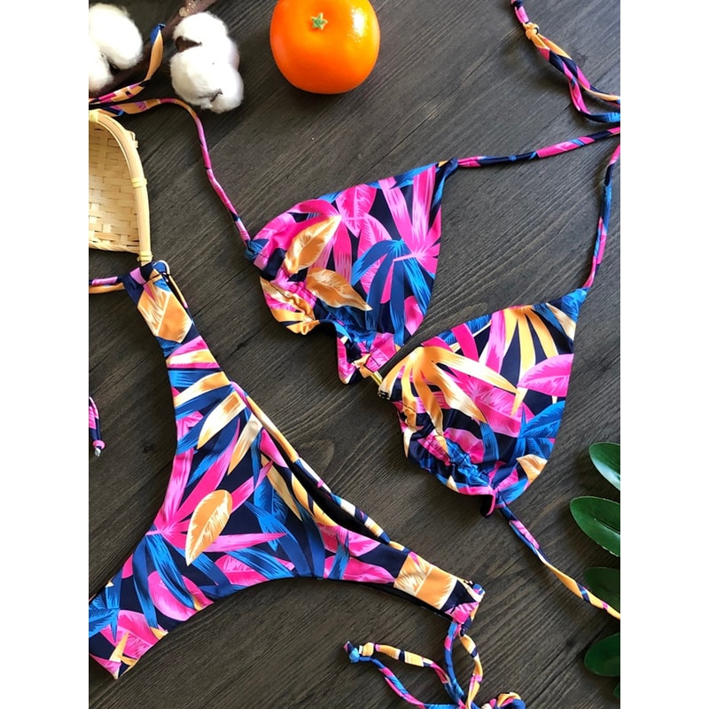 Brazilian Biquinis New Swimsuit Women Feather Print Bandage Swimwear