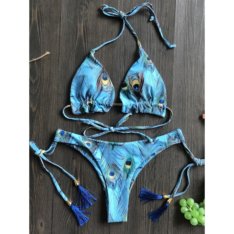 Brazilian Biquinis New Swimsuit Women Feather Print Bandage Swimwear