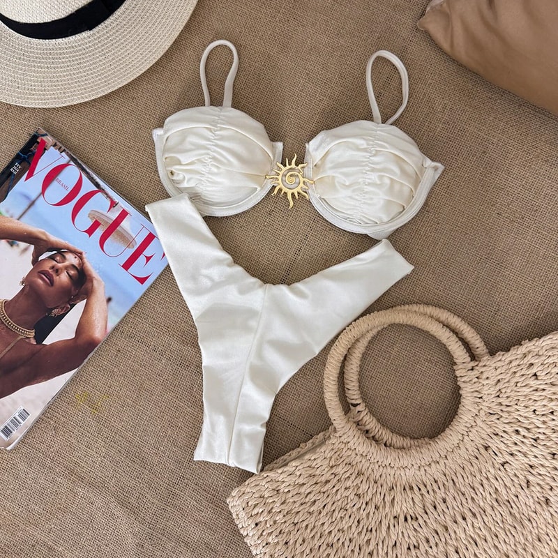 Summer White Brazilian Bathing Suit, Swimwear High Cut Biquini Thong Swimsuit Beachwear