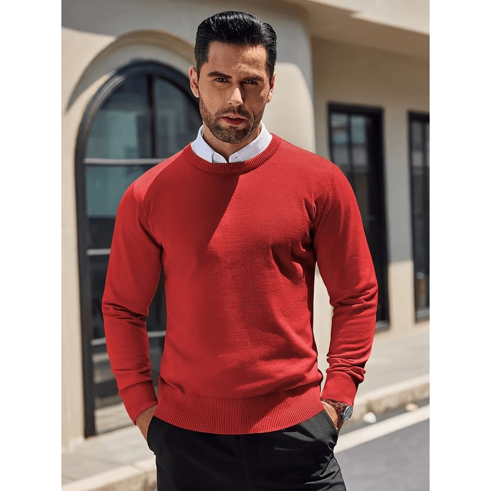 men wearing oneck knit sweater in winter outfit