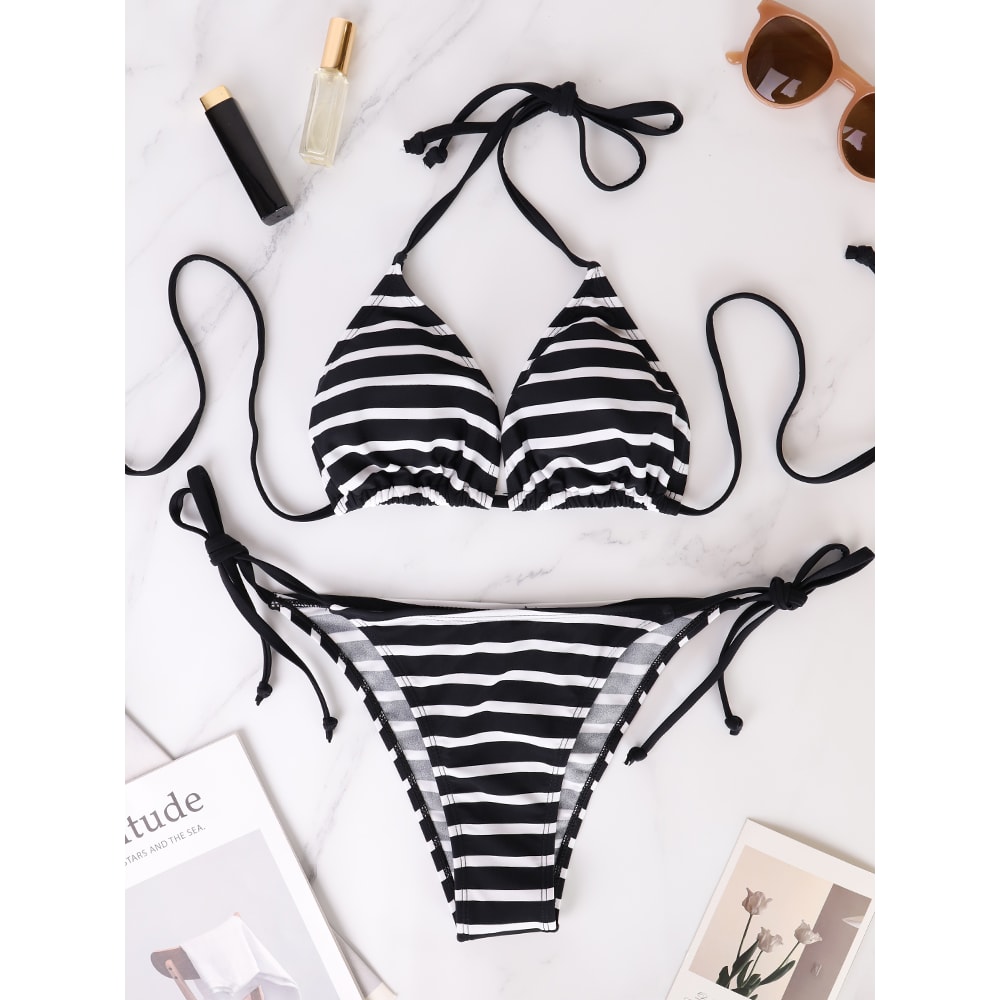 Female Beachwear Summer Bikini Swimsuit, Black And White Striped Beach Set