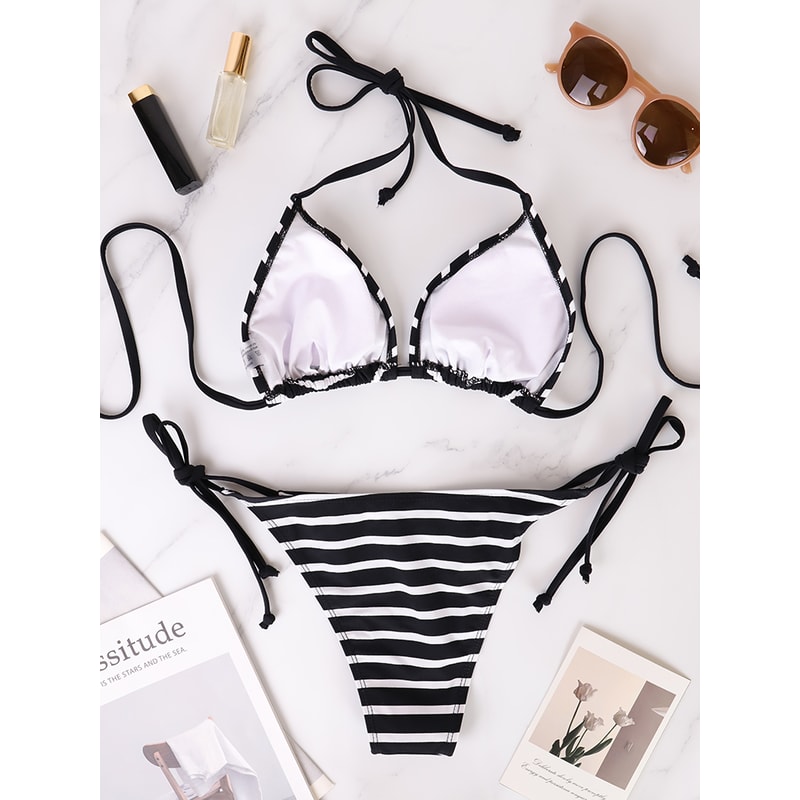Female Beachwear Summer Bikini Swimsuit, Black And White Striped Beach Set