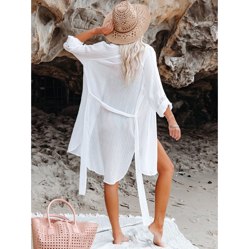 Elegant Self Belted Kimono Dress, Swimsuit Covers for Holiday Beachwear