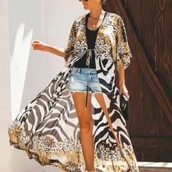 leopard printed kimono women long cape for swimsuit tunic summer beach wear