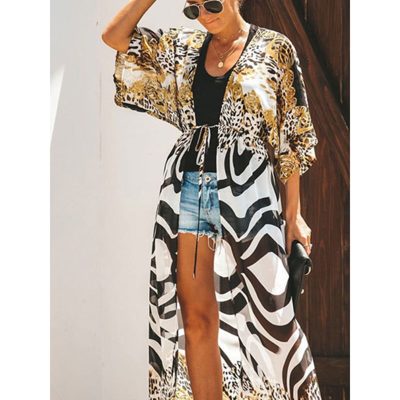 Leopard Printed Kimono Women Long Cape for Swimsuit Tunic Summer Beach Wear