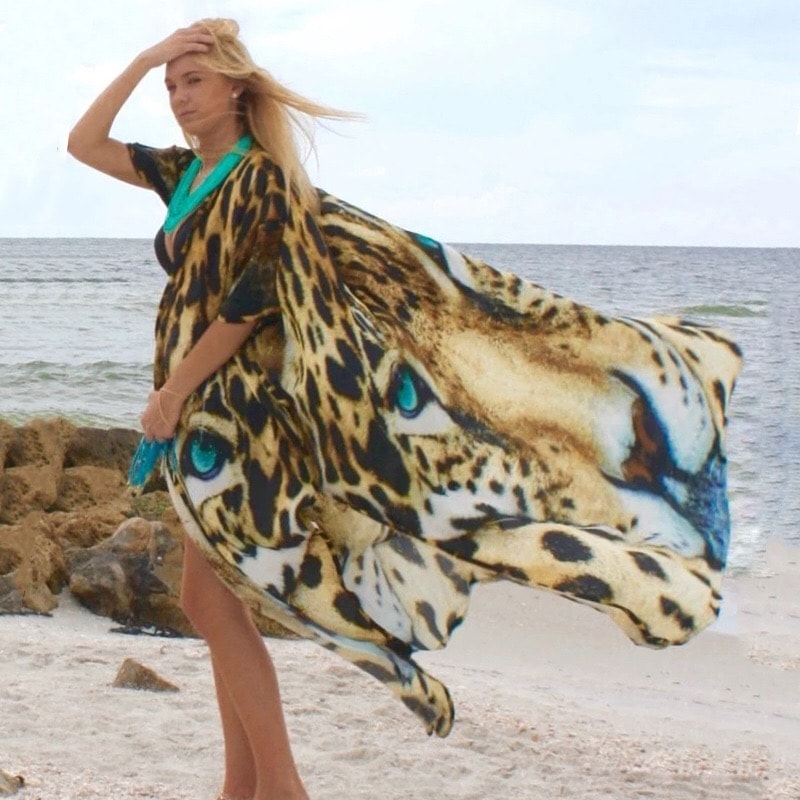 Plage Swimsuit Cover up, Tiger Pattern Print Kimono Robe, Boho Loose Long Dress