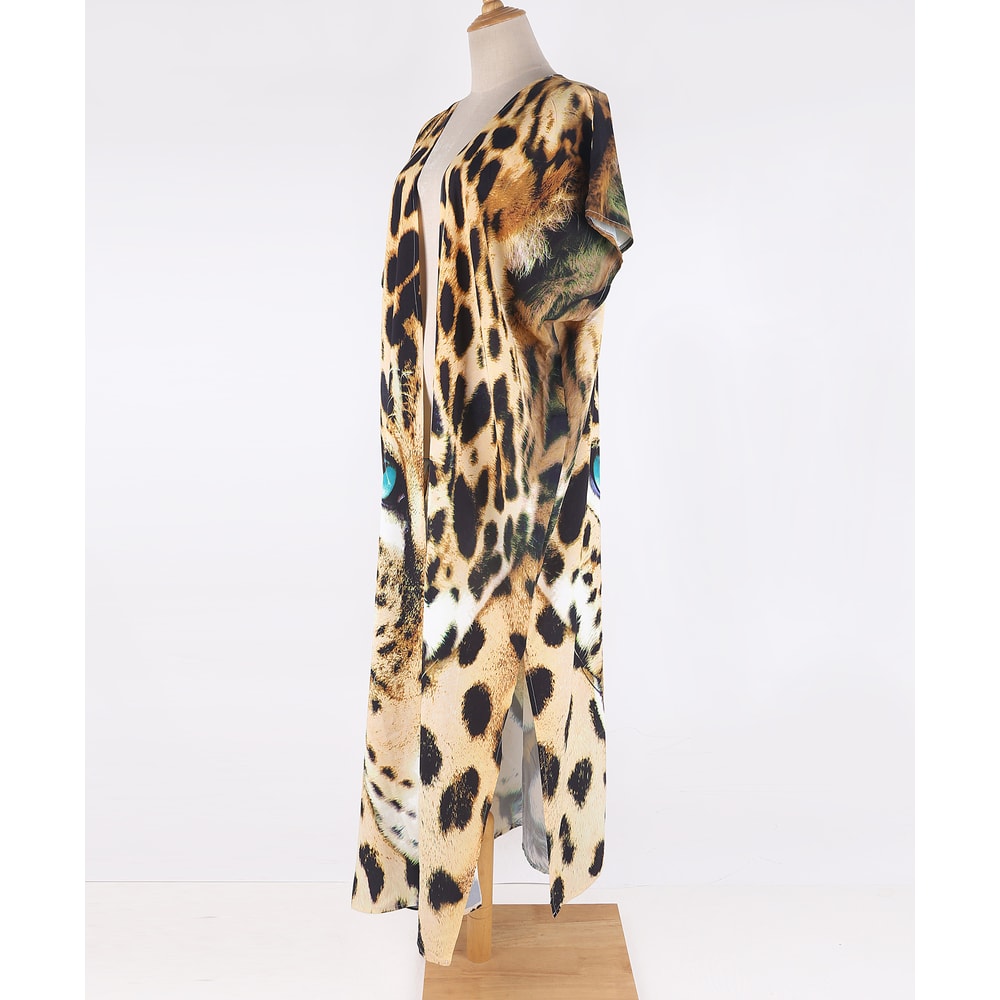 Plage Swimsuit Cover up, Tiger Pattern Print Kimono Robe, Boho Loose Long Dress