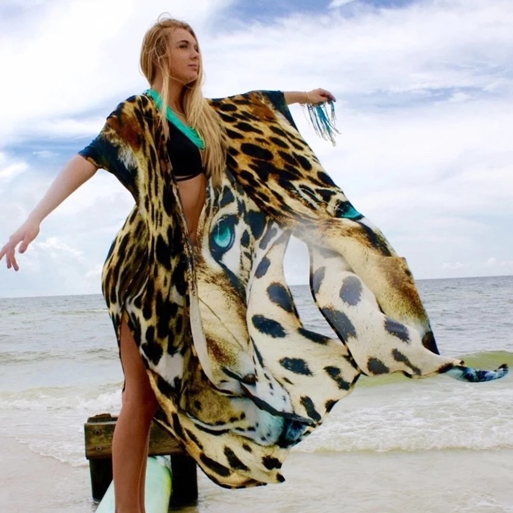 Plage Swimsuit Cover up, Tiger Pattern Print Kimono Robe, Boho Loose Long Dress