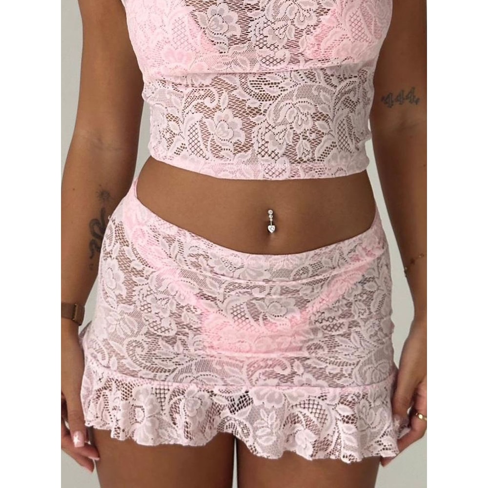 See Through Mini Skirts Low Waist, Women's Bikini Cover-up Skirts Lace, Ruffle Casual Beach Skirts Summer